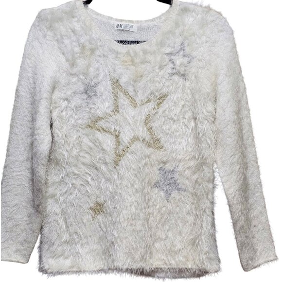 H&M Girls Fuzzy White‎ Sweater With Star Design Size 8-10 - Picture 1 of 8